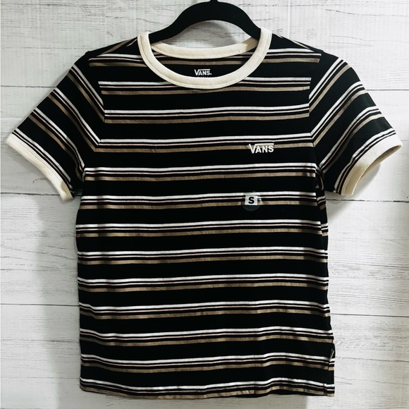 Vans Striped Ringer Tee Shirt Small Black NWT Logo Casual - Picture 2 of 5